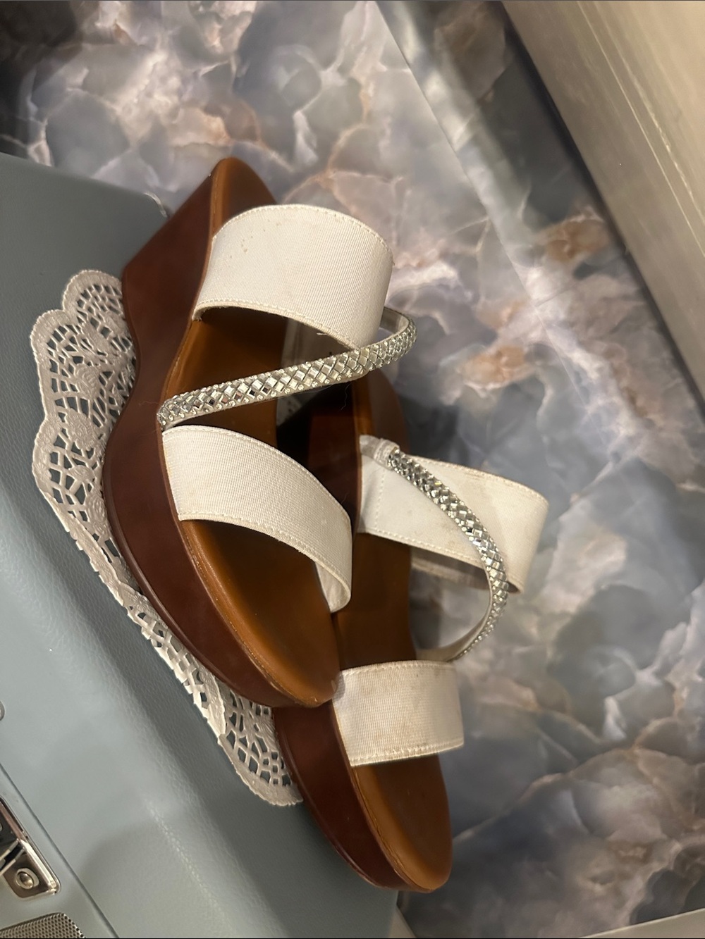 White Canvas Wedge Sandals with Crystal Accent